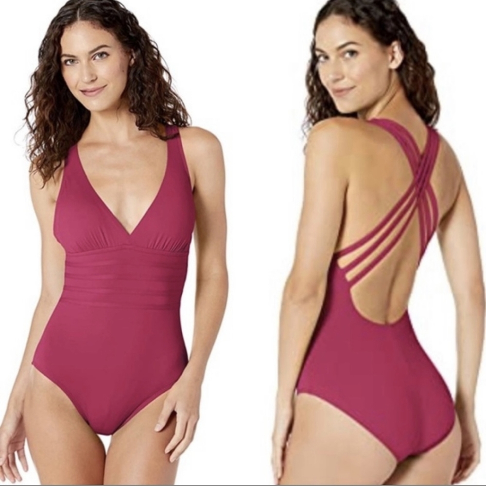 La Blanca Island Goddess Cross Back One Piece Swimsuit Wine Red Purple Size 8